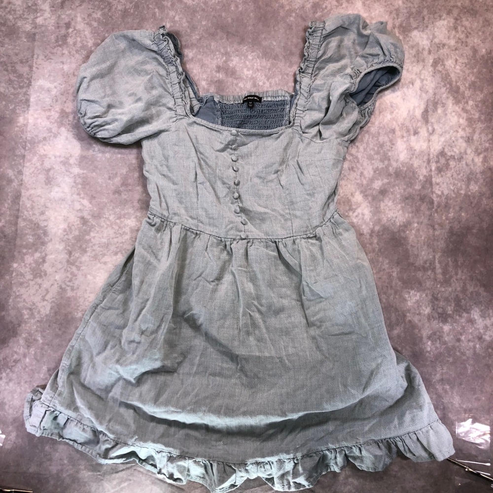 Who What Wear Blue Cotton Denim Puff Sleeve Ruffle Hem Mini Dress Womens Medium